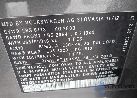 2013 Volkswagen Touareg Vr6 Sport из США, поврежденный, VIN WVGEF9BP2DD009196